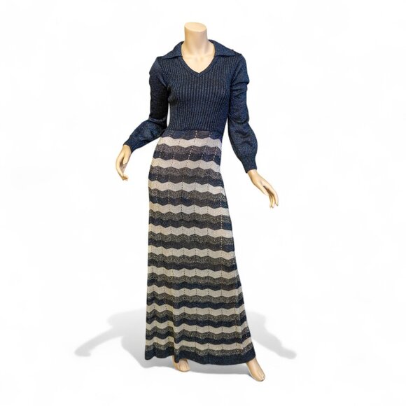 Vintage 70s Wenjilli Metallic Knit Maxi Dress * Navy & Silver Chevron Lurex - Picture 1 of 15